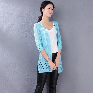 3/4-sleeve Perforated Knit Cardigan