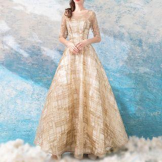Plaid Elbow-sleeve Evening Dress