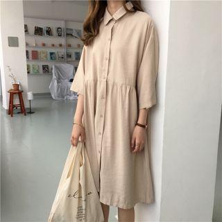 3/4-sleeve Plain Shirt Dress