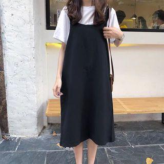 Set: Short-sleeve Crew Neck T-shirt + Midi Overall Dress