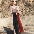 Set: Bell Sleeve Ribbed Knit Top + Color Block A-line Skirt