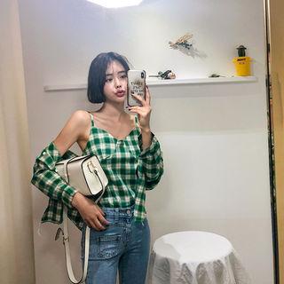 Set: Plaid Shirt + Spaghetti-strap Sweetheart-neck Top