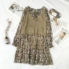 Set: Floral Print Long Sleeve Dress + Tasseled Knit Vest