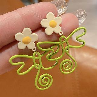 Flower Alloy Dangle Earring 1 Pair - Green & White - One Size