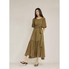 Bell-sleeve Tiered Dress With Sash Khaki - One Size
