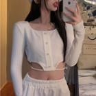 Round Neck Button-up Cutout Crop Top White - One Size