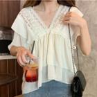 Lace Trim Short-sleeve Blouse Beige - One Size