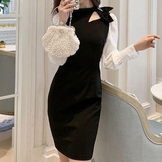 Balloon-sleeve Cutout Bow Sheath Dress