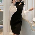 Balloon-sleeve Cutout Bow Sheath Dress