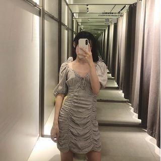 Puff-sleeve Dotted Mini Bodycon Dress