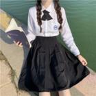Long-sleeve Plain Shirt / Pleated A-line Skirt / Bow / Set
