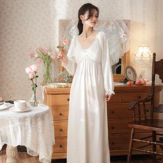 Long-sleeve V-neck Lace Trim Maxi A-line Sleep Dress