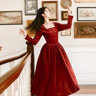 Square Long-sleeve Midi A-line Dress