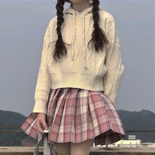 Knit Drawstring Hoodie Beige - One Size