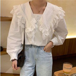 V-neck Ruffled Eyelet Lace Blouse