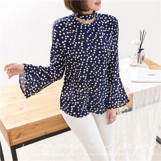 Choker-neck Bell-sleeve Polka-dot Top