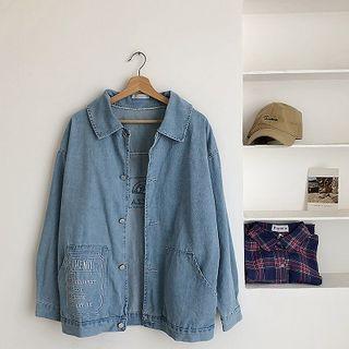 Lettering Embroidered Single-breasted Long-sleeve Denim Jacket Blue - One Size