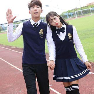 Set: Plain Shirt + Vest + Pleated Skirt + Bow Tie / Set: Shirt + Vest + Neck Tie + Pants