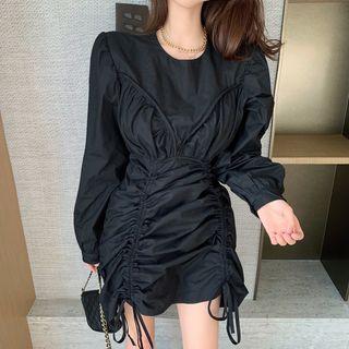 Long-sleeve Drawstring Ruffled Dress