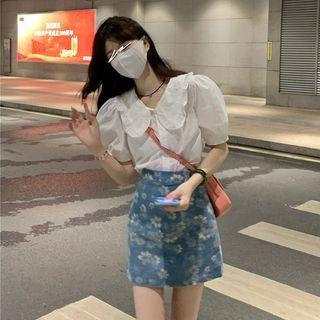 Puff-sleeve Collar Blouse / Floral Mini A-line Skirt