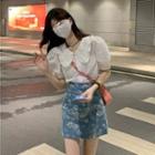 Puff-sleeve Collar Blouse / Floral Mini A-line Skirt