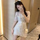 Short-sleeve Lace Buttoned Top / A-line Mini Skirt