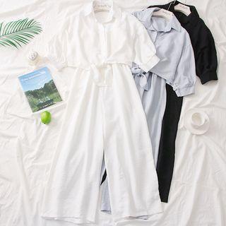 Set: Tie-hem Plain Shirt + Sleeveless Playsuit