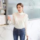 Stand-collar Ruffle-trim Sheer Lace Blouse