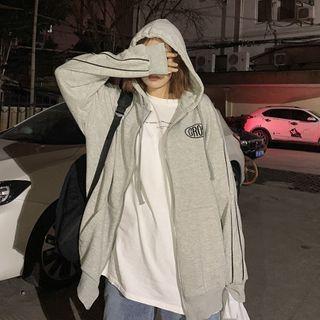 Piping Trim Lettering Hooded Zip Jacket