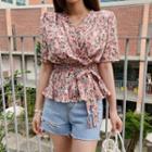 Tie-waist Floral Print Blouse Pink - One Size