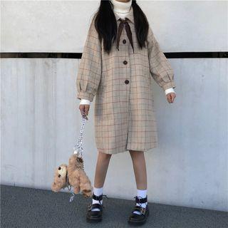Ribbon Plaid Single-breasted Coat Khaki - One Size