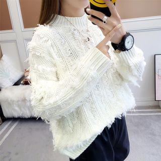 Mock-neck Fringed Trim Sweater