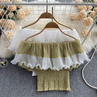 Off-shoulder Color Block Chiffon Cropped Top