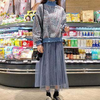 Mock Neck Pullover / Accordion Pleat Midi Mesh Skirt