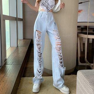 Printed Camisole Top / Distressed High-waist Jeans