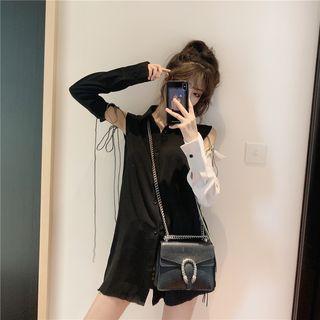 Color Block Drawstring Cut-out Sleeve Shirt Black & White - One Size