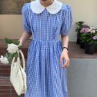 Puff-sleeve Contrast Collar Check Midi A-line Dress Blue - One Size