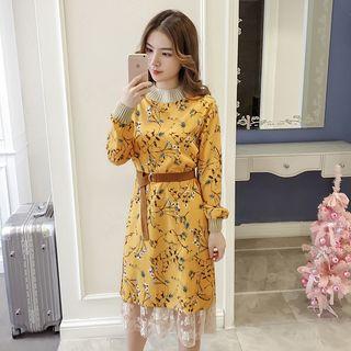 Mock-turtleneck Long-sleeved Floral Print Panel Lace Sheath Dress