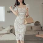 Square-neck Short-sleeve Lace Sheath Dress