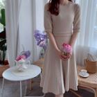 Elbow-sleeve Pleated-hem Knit Dress