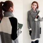 Color-block Wool Blend Knit Dress With Scarf