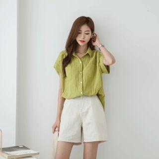 Cuff-sleeve Crinkled Blouse