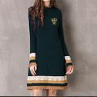 Embroidered Long-sleeve A-line Knit Dress