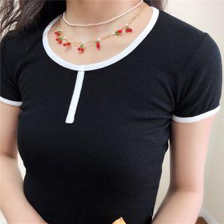Color-block Trim Crewneck Short-sleeve Knit T-shirt