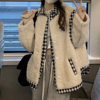 Fleece Panel Plaid Shirt Jacket Almond - One Size