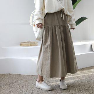 Drawstring-waist Shirred A-line Long Skirt