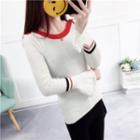 Contrast Trim Puff-sleeve Knit Pullover