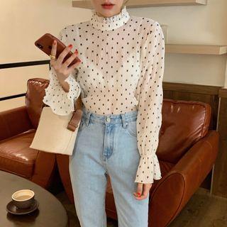 Mock-neck Dotted Mesh Blouse Almond - One Size