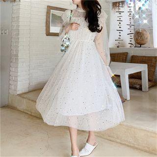 Bell-sleeve Midi Sequined Mesh Dress