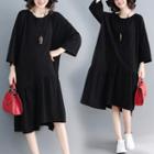 Plain Round-neck Long-sleeve Dress Black - L